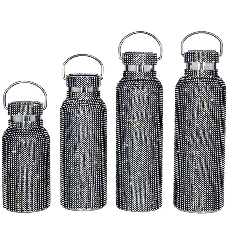 Luxury Diamond Water Bottle with Back Chain Wide Mouth 304 Stainless Steel 24oz 32oz Thermal Crystal Glitter Bling Water Bottles