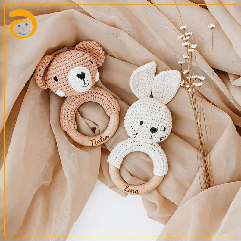 Handmade Cotton Yarn Creative Hand Knitted Crochet Rattle Baby Rattle Lion Elephant Bear Elk Kid Toy Comforter Bite Rattle Gift