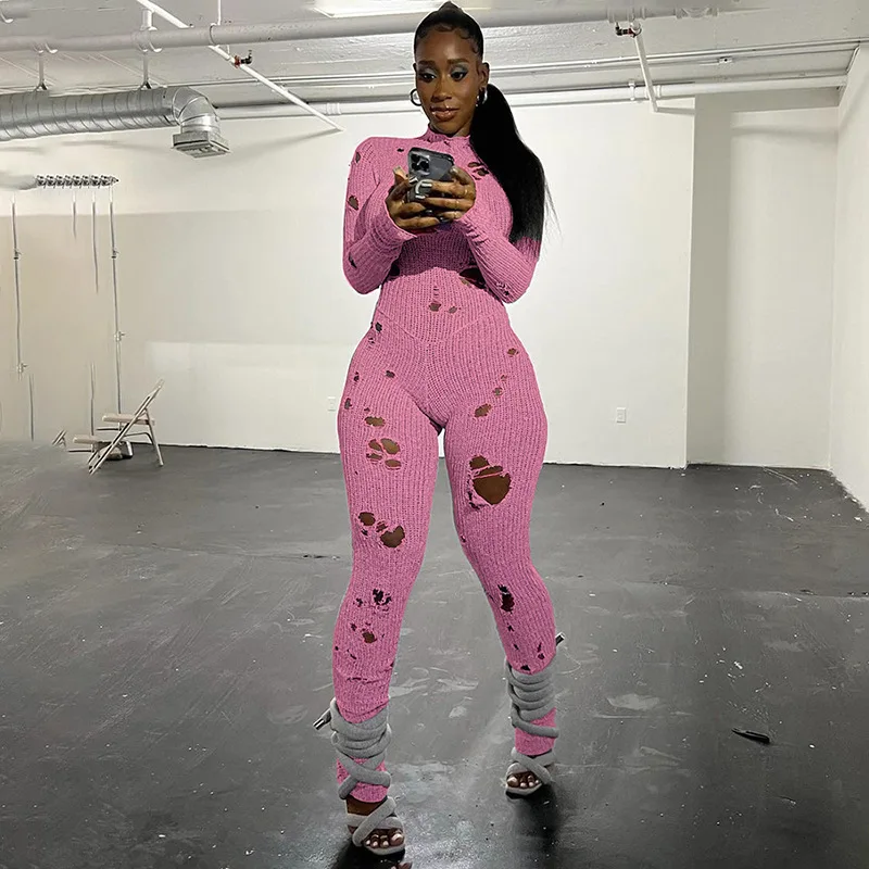 Sharee Novel Clothing Back Bandage Long Sleeve Bodycon Knitted Jumpsuit Hollow Out Ribbed Jumpsuit Women