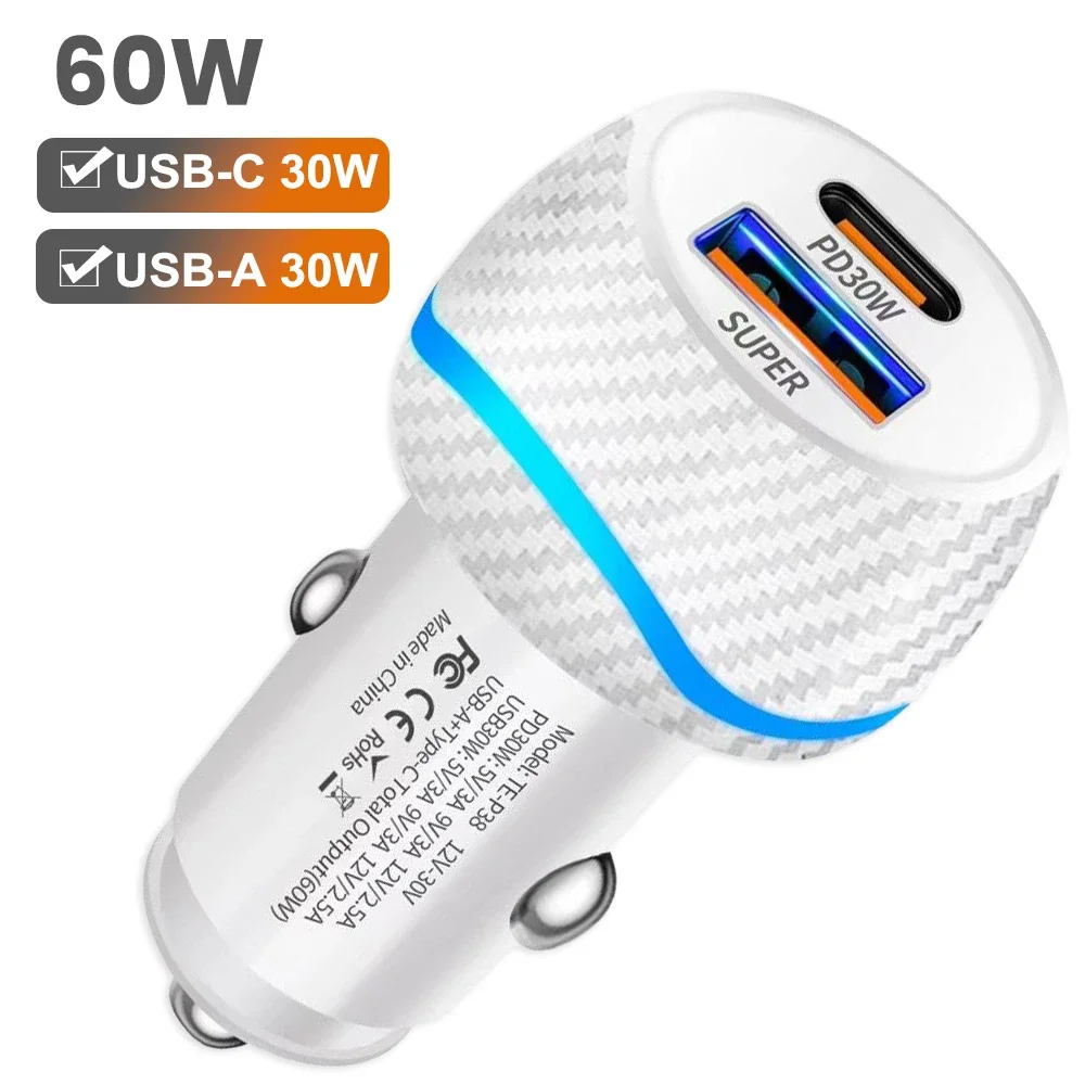 PSDA 60W USB C Car Charger for iPhone 16/15 PD30W&QC30W Cigarette Lighter Phone Charger Adapter USBC Fast Charging for iPhone 16