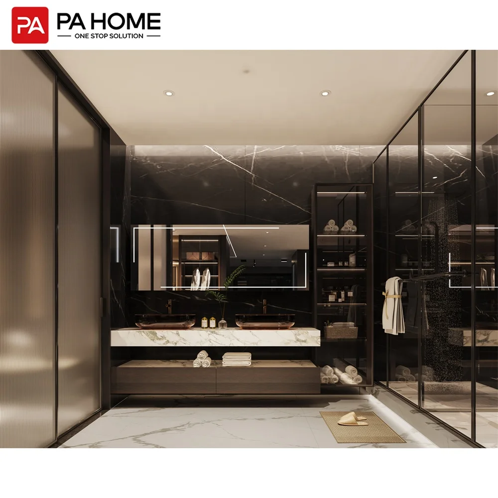 PA floating double sink vanity with mirror lights wash basin for hotel bathroom cabinet