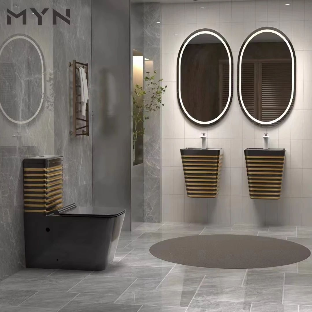 Luxury new wave pattern gold silver line color glazed black  ceramic sanitary ware one piece marble toilet with wall hung sink