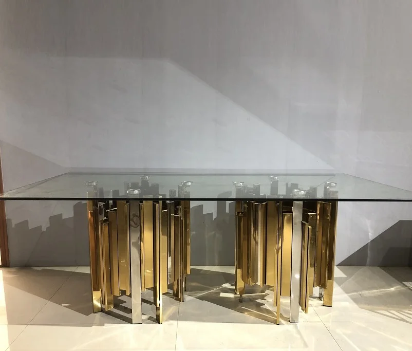 Hot Sales Luxury High Quality Gold Stainless Steel Pillar Base Tempered Glass Dining Table for Home Hotel