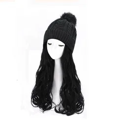 Fashion Autumn Winter Warm New Wigs With Hat Long Wave Hair Beanie Hat With Wig