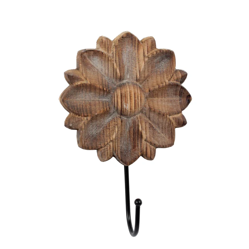 Wholesale wood Floral Pattern l hook wall mount flower  round wall hook