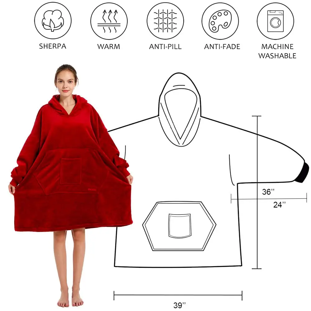 Adult Plush Fleece Hooded Blanket Sweatshirt Oversized Sherpa Wearable Hoodie Blanket with Pockets and Sleeves