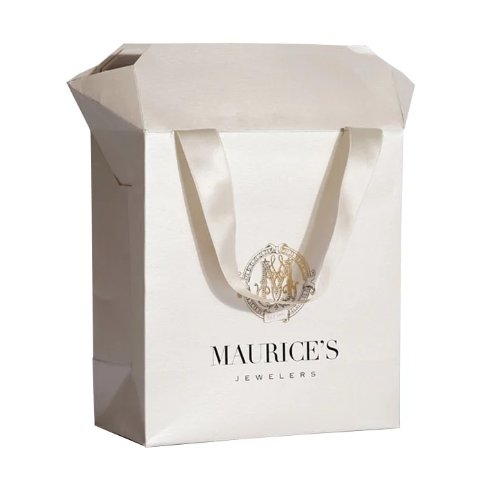Hot sale closed top white custom logo jewelry paper shopping bags with ribbon