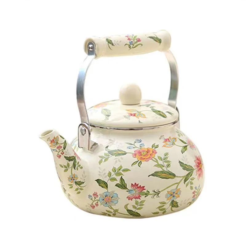 Enamel Tableware  2.5L Enamelled Metal Steel  Blooming flowers Teapot Kettle Pot with ceramic Handle
