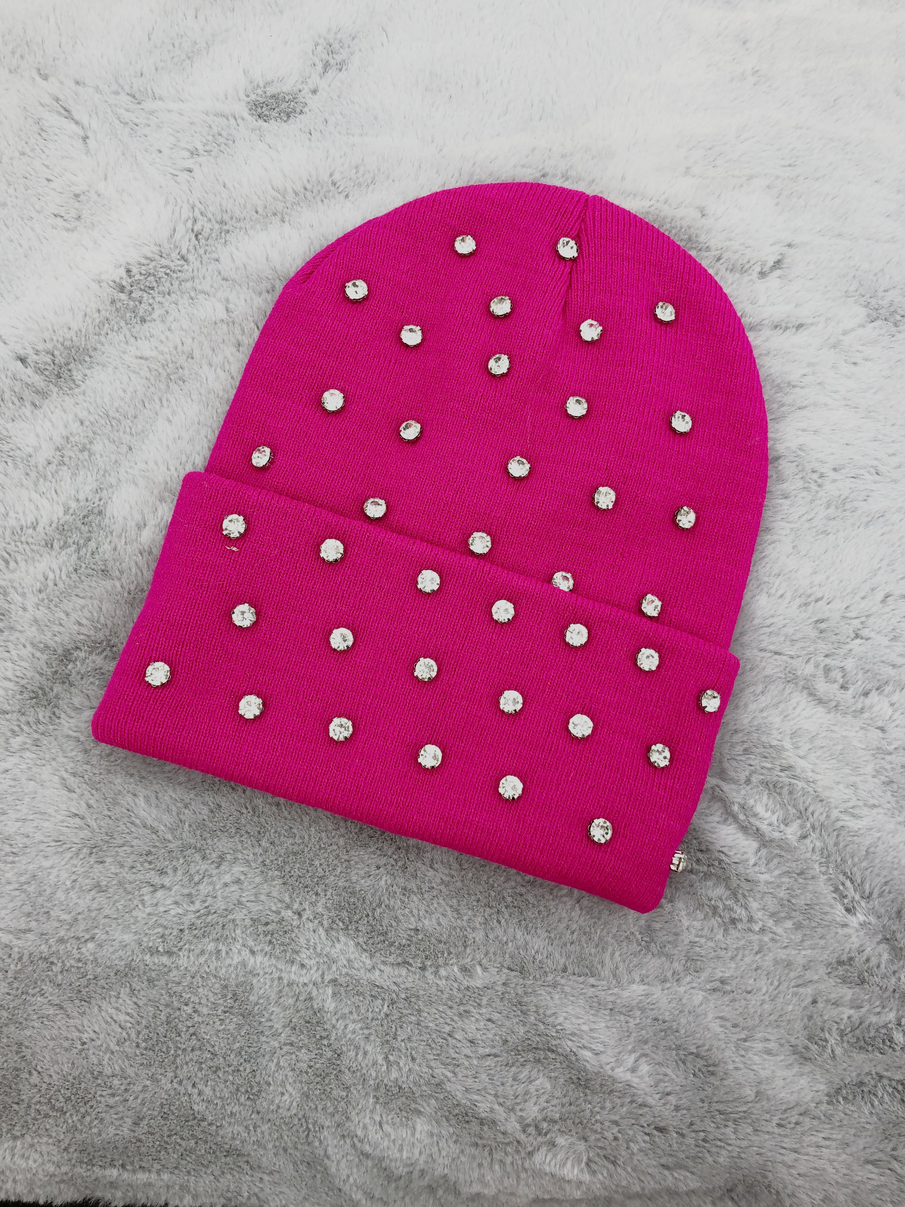 Women Thick Knit Crystals Beanie Stones Tuque Neon Orange Warm Sports Skull Cap Hot Pink White Rhinestones Winter Hat