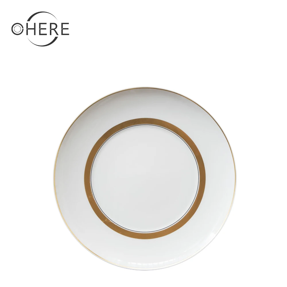 Luxury Minimalist Style Wide Gold Rim Bone china Charger Plate Dinner Set Ceramic  Wedding Tableware Set for Rental