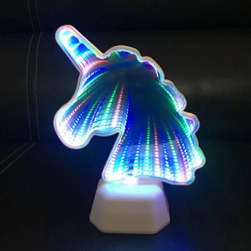 Красочный свет в форме единорога бесконечное зеркало неоновый вздох с батареей ААА