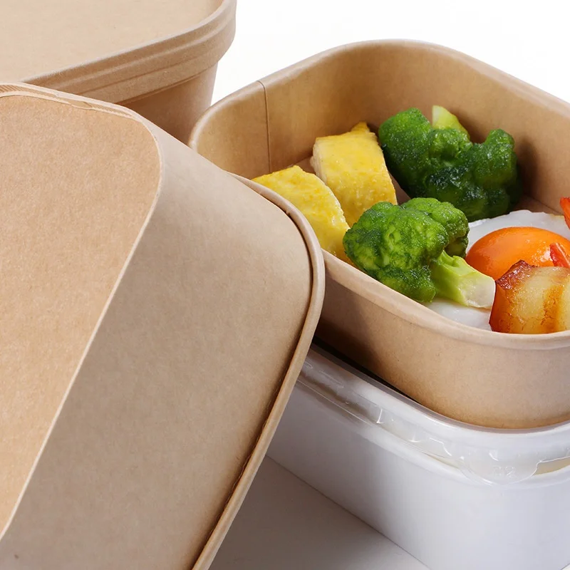In Stock Rectangular Paper Containers Pla Pla Dome Lid Rectangle Paper Bowl Bibimbap For Take Away