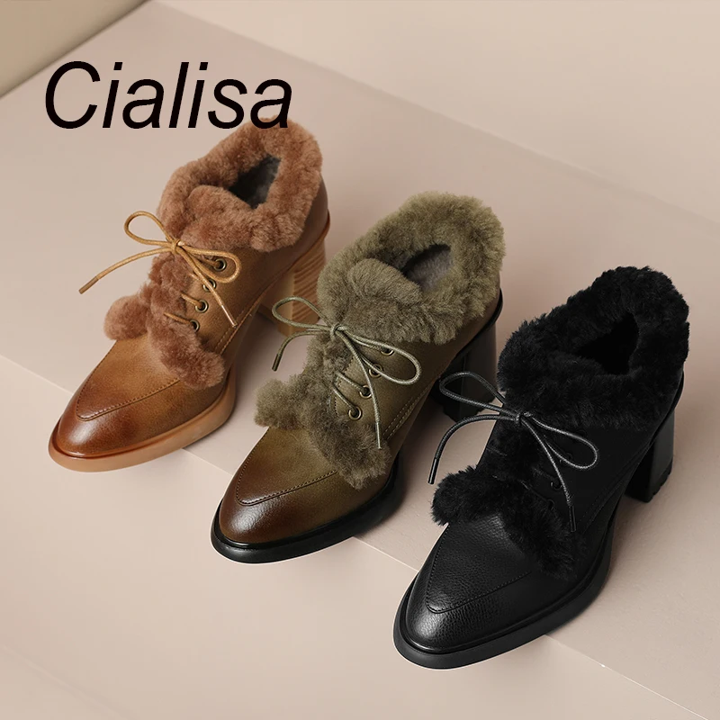 Женские офисные туфли-лодочки Cialisa, черные теплые туфли из натуральной кожи с мехом, классические туфли на высоком каблуке, новинка зимы 2022