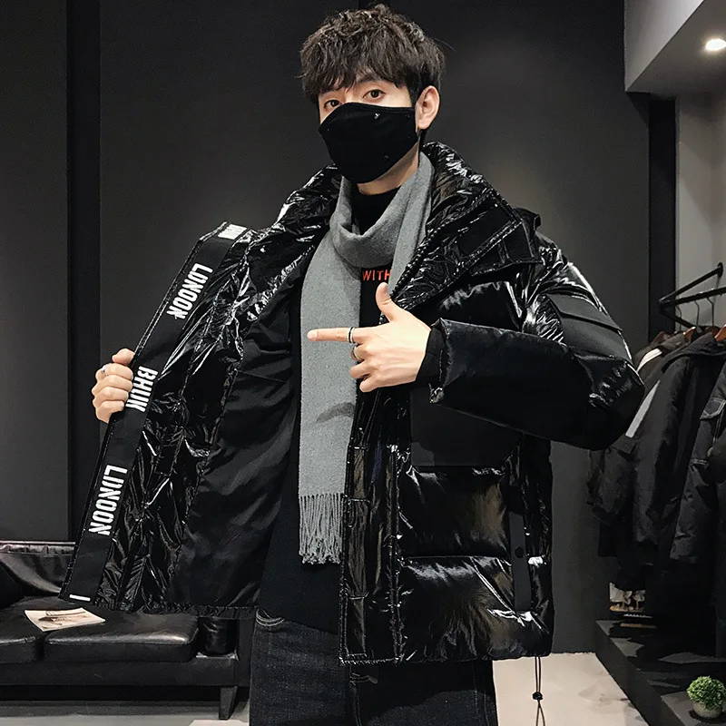 
OEM Custom Padded Bubble Coat Puffer Duck Down Jacket Hooded Shiny Mens Winter Jacket 