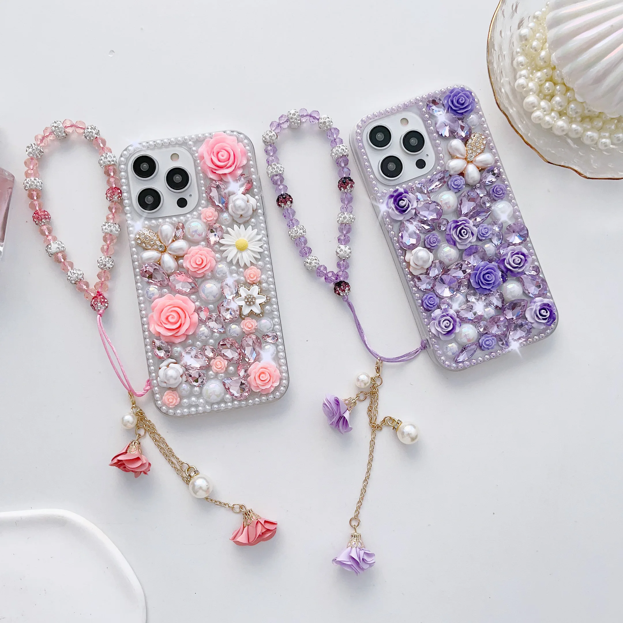 Luxury Bling Diamond Pearl Flower Phone Case Women Girls 3D Rhinestone Cover Case for iPhone 14 13 12 11 Pro XR Xs Max 8 Plus
