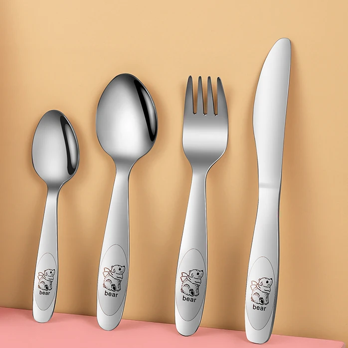 Cute Bear Custom Logo Cartoon Tableware 18/10 Food Grade Stainless Steel Reusable Knife Spoon Fork Children Cutlery Set