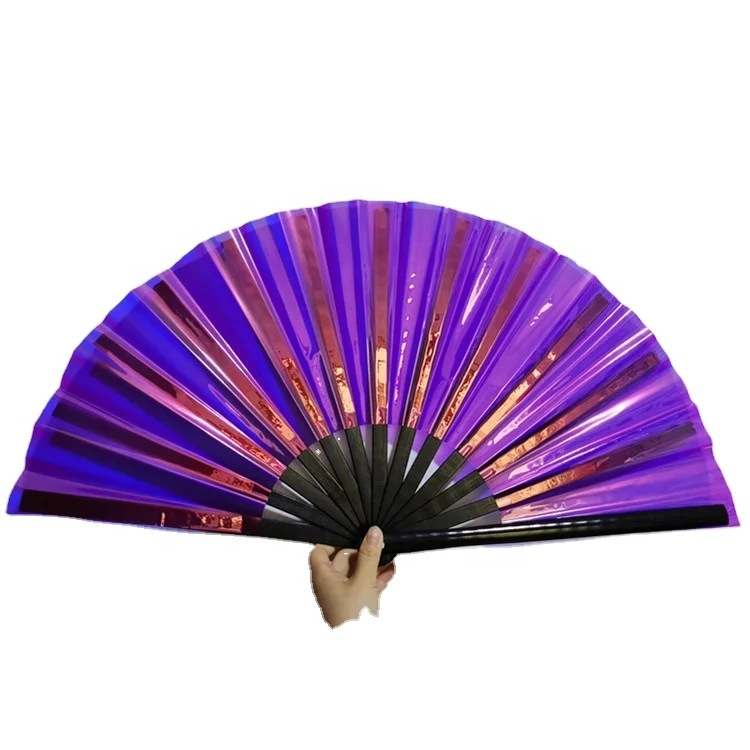 Hot sell high quality  durable Custom printed Cool Iridescent reflective bamboo PVC large hand fan