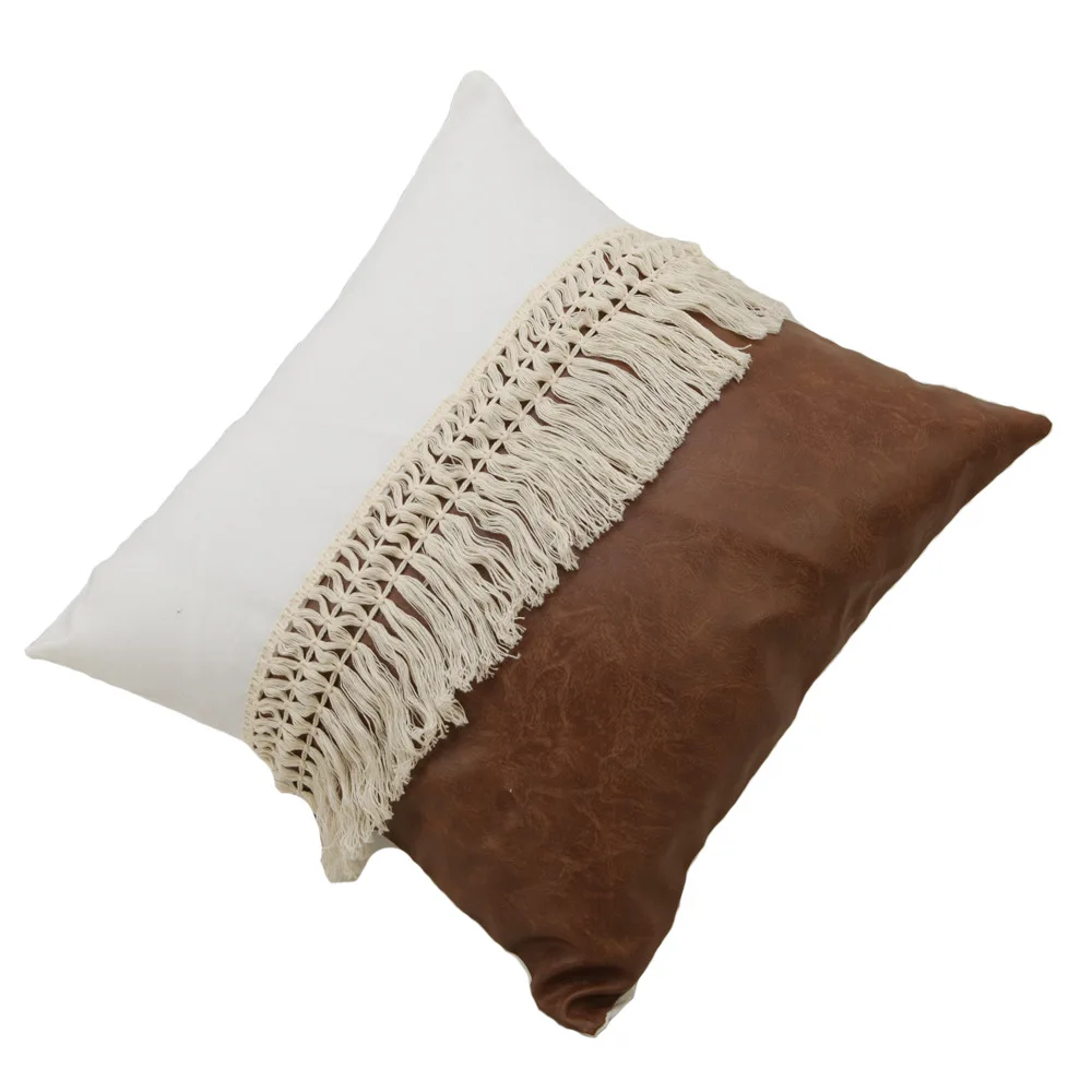Nordic Canvas Leather Patchwork Pillow Cases Wholesale Luxury Boho Cushion Cover Outdoor  Throw Pillow with Tassel