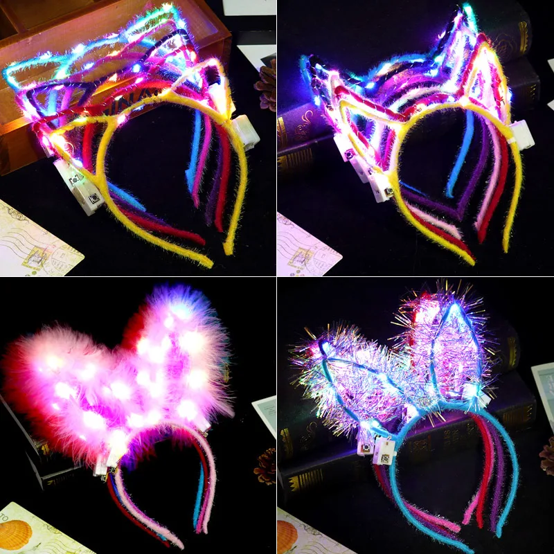 Wholesale LED Cat Ear Flower Crown Glow Headband LED Light Up Flashing Glow Hairbands Women Girls Costume Headband