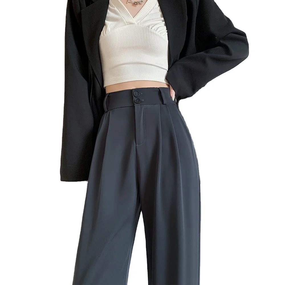 Black Suit Pants for Women Korean 2 Buttons Wide Leg Trousers Vintage Streetwear High Fashion Office Ladies Work Pants