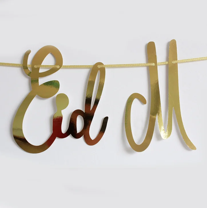 Eid Gold Glitter Paper Garland Muslim Islamic Eid Mubarak Banner for Eid Decoration