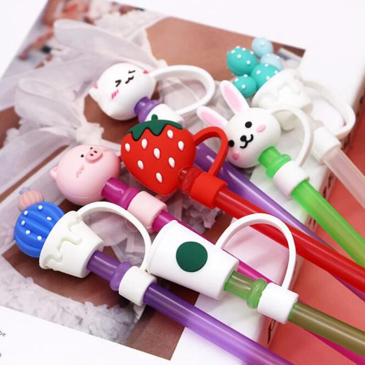 Wholesale animal Reusable Metal Straws Tips Toppers Covers cartoon Silicone Drinking Straw topper charms