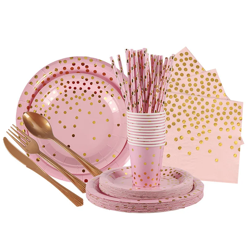 Wholesale Cheap Degradable Gold Dots Pink Party Disposable Tableware Set