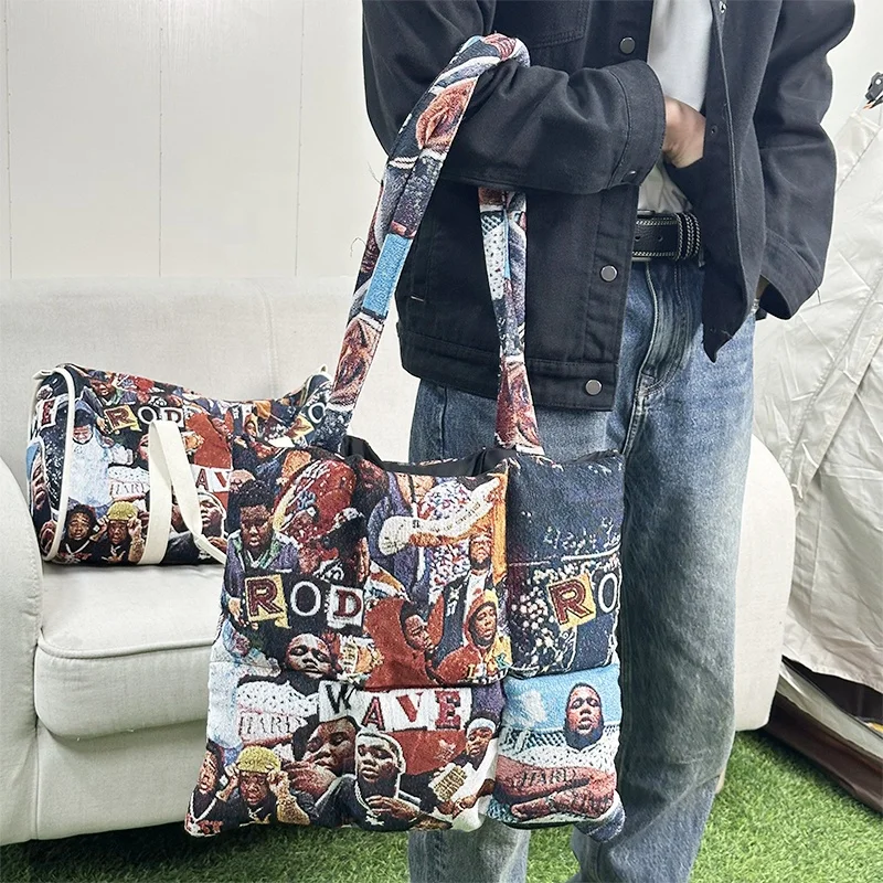 Custom Design Rad Wave rapper across filling cotton tapestry tote bags duffle bags with shopping bag