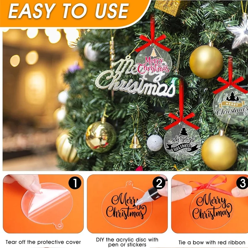 100 Pcs Clear Round Acrylic Ornaments Clear Acrylic Christmas Ornaments DIY Blank Round Acrylic Christmas Ornament with Red Ribb