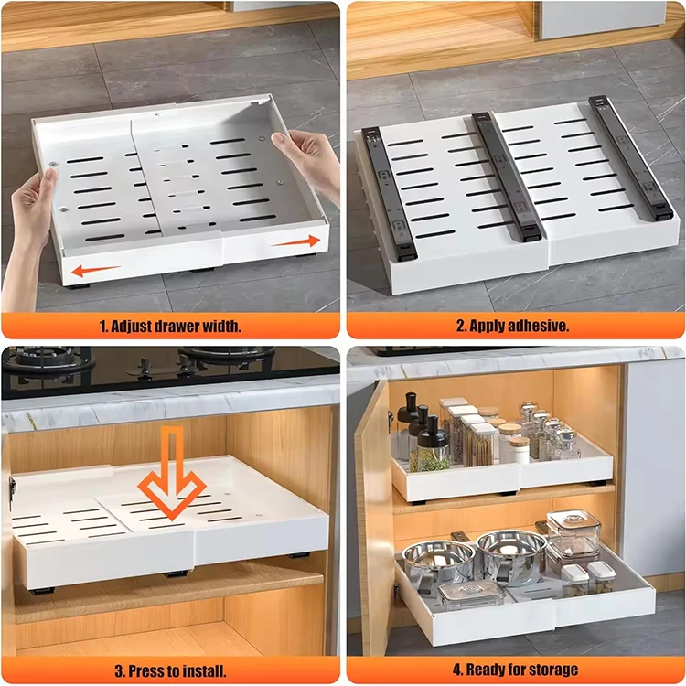 Large Capacity Expandable Pull Out Organizer Drawer Slide Out Kitchen Metal Cabinet Organizer Storage Punch-free Drawer