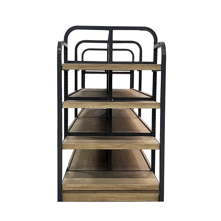 Factory Custom Wooden Double Sided Retail Store Supermarket Gondola Display Shelves Racks
