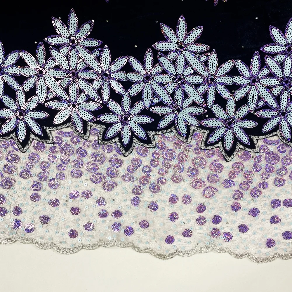LH Indian Flower Embroidery Fabric For African Bridal 2024 Nigerian Velvet Sequin Embroidery Fabric For Women Dress