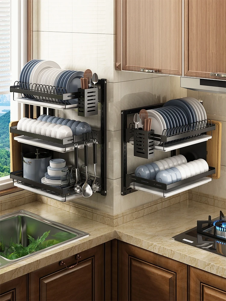 Double layer stainless steel black folding plate drying drain rack kitchenware storage rack for kitchen