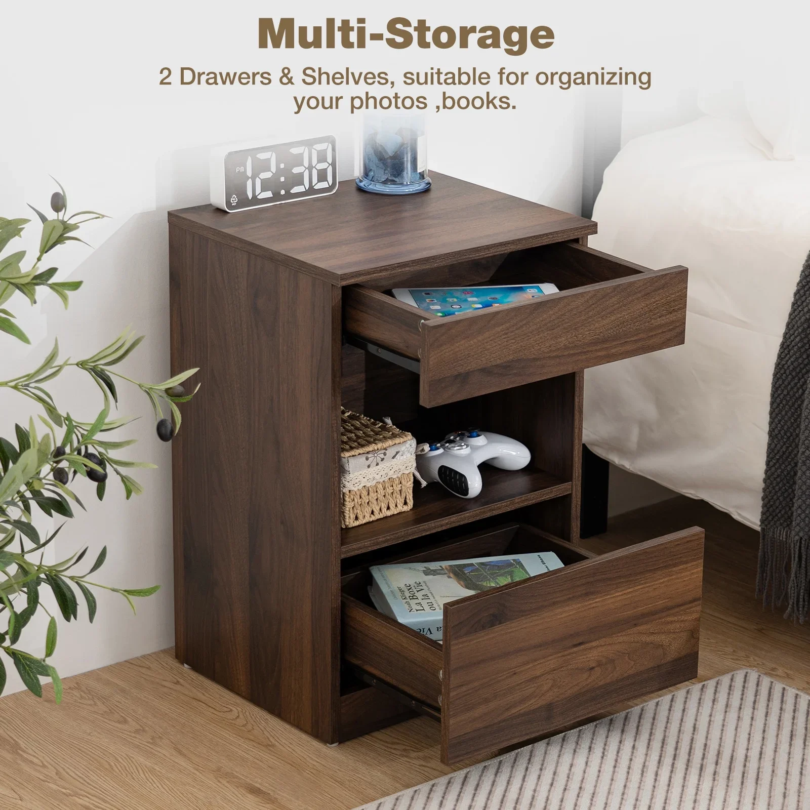 Customized Wooden 2-Drawer Nightstand with Open Shelf Bedside Table with Storage End Table in Dark Walnut