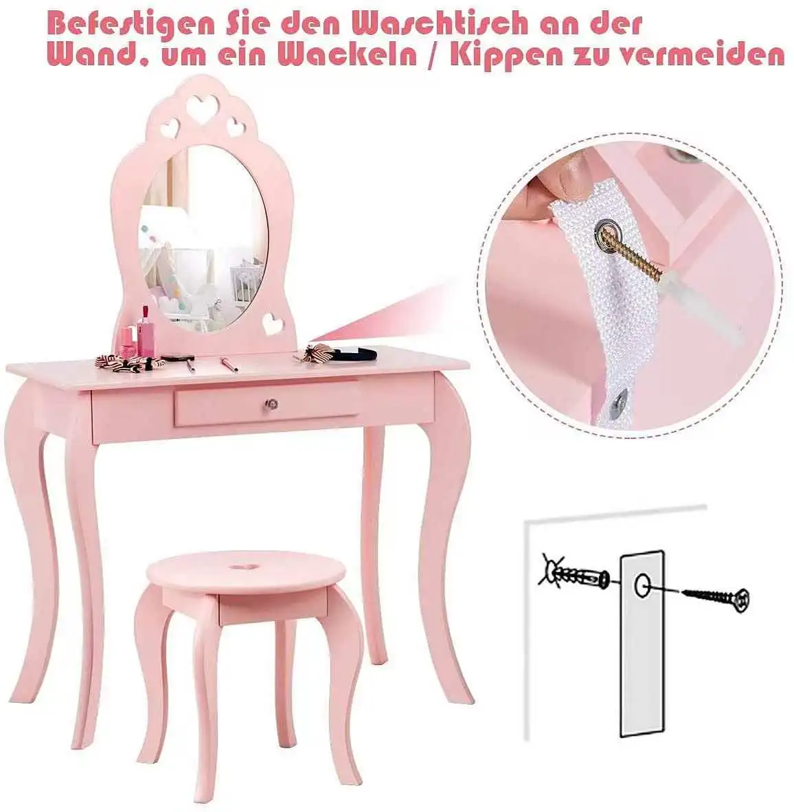 Kids Vanity Set with Mirror Children Dressing Table  Stool Set for Girls Makeup Vanities Wooden Dressing Table Baby Furniture