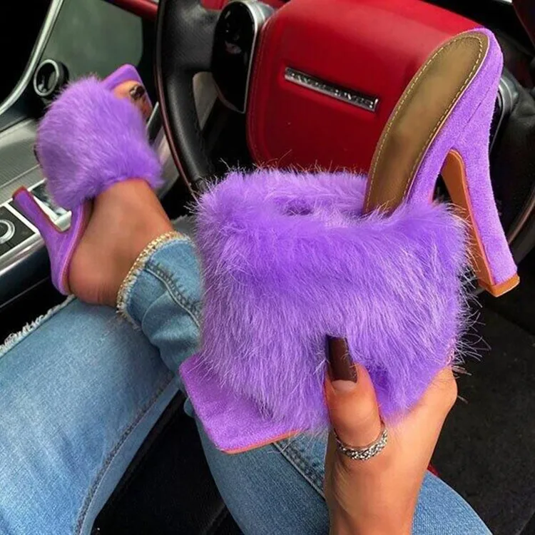 
2021 new arrivals latest open toe slingback square toe women slides slippers thin high heels fur fuzzy sandals 