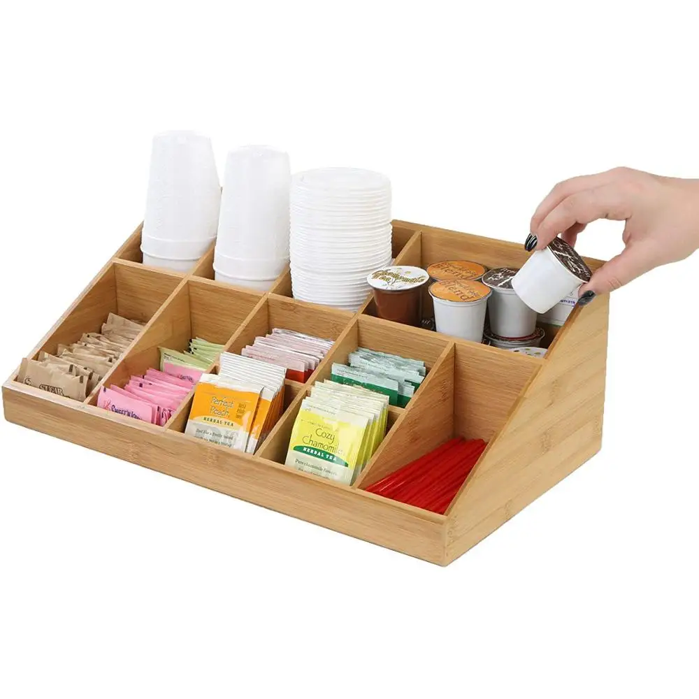 Bamboo 11 Compartment Coffee Condiment Organizer Disposable Paper Cup Holder