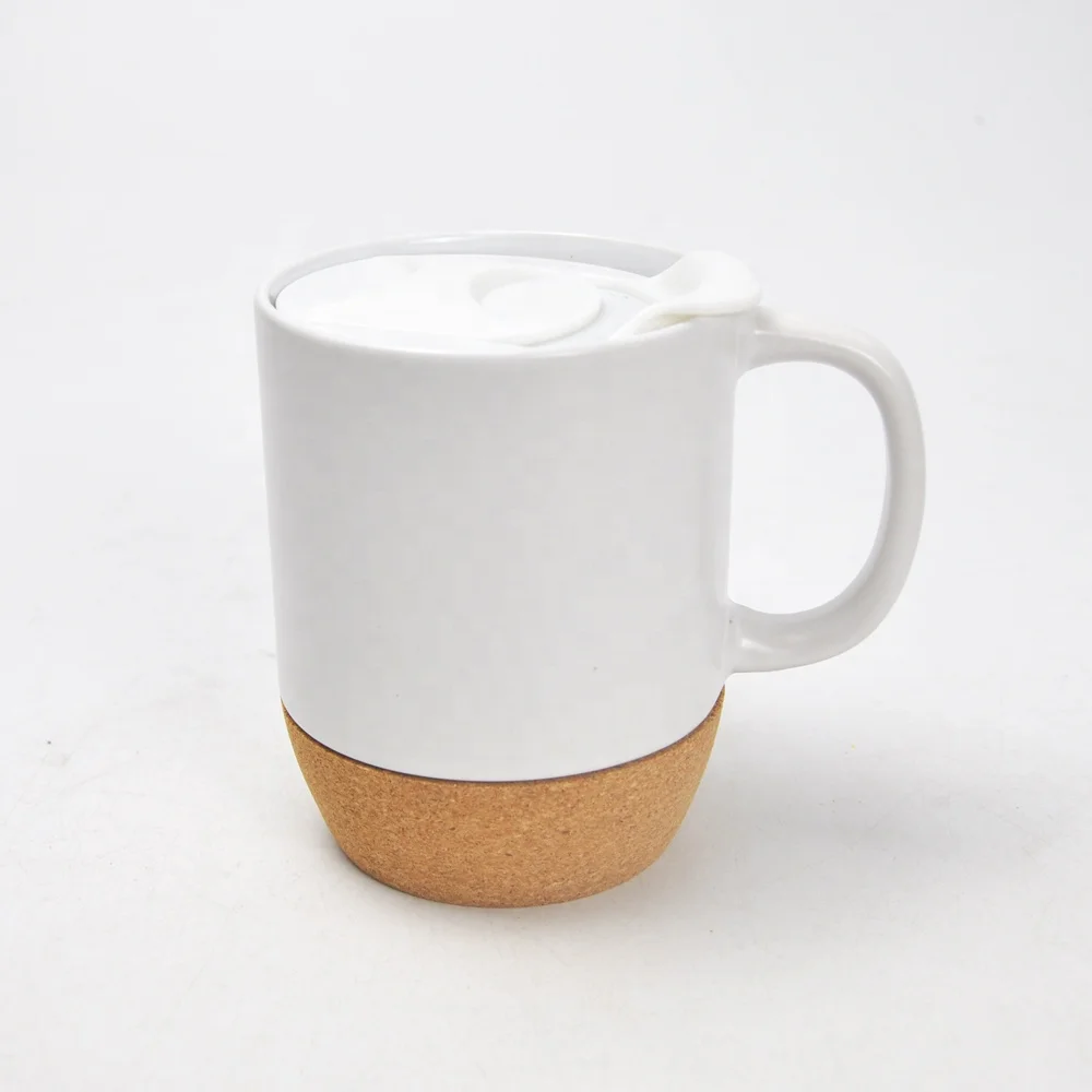 ceramic coffee mug with cork base and pp lid matte black and white color nordic style