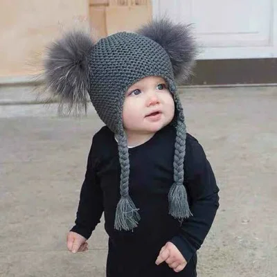 Cute Wholesale Earflap Hat Knit Beanie Winter Child Kid Baby Hat with Fur Pom Pom Ball