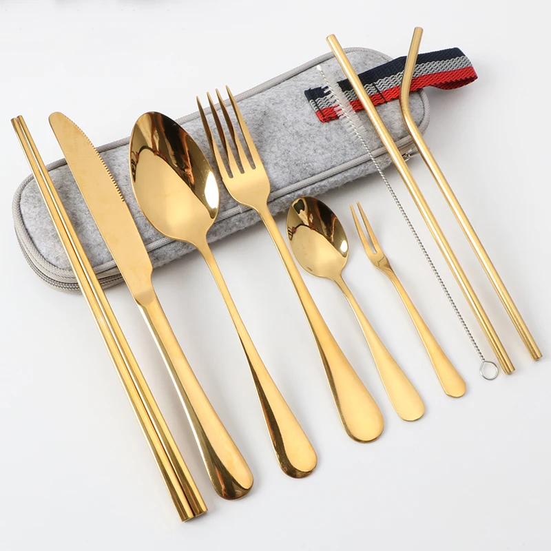 9pcs Chopstick Utensil Set Fork Knife Spoon Straw Reusable Stainless Steel Cutlery Set with travel bag