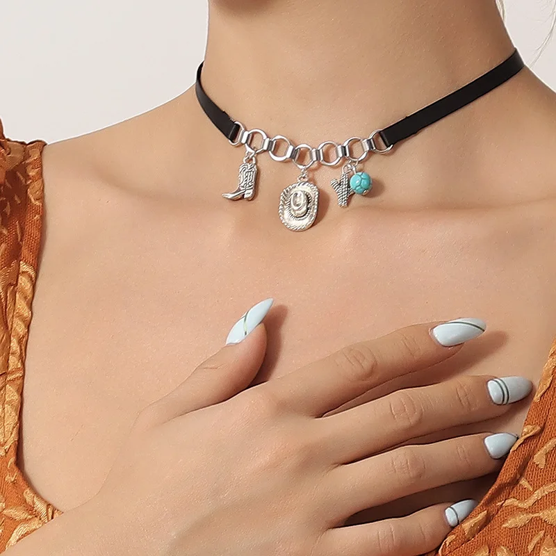 Cowboy hat cowboy boot sweet acrylic Bow Cross personality retro necklace