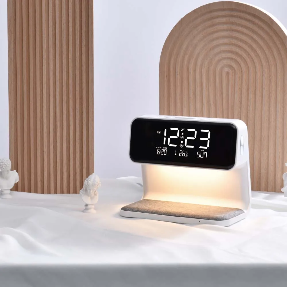 Smart Multi-functional Digital Alarm Clock For Bedside Wireless Charging Lamp With Alarm clock and snooze function
