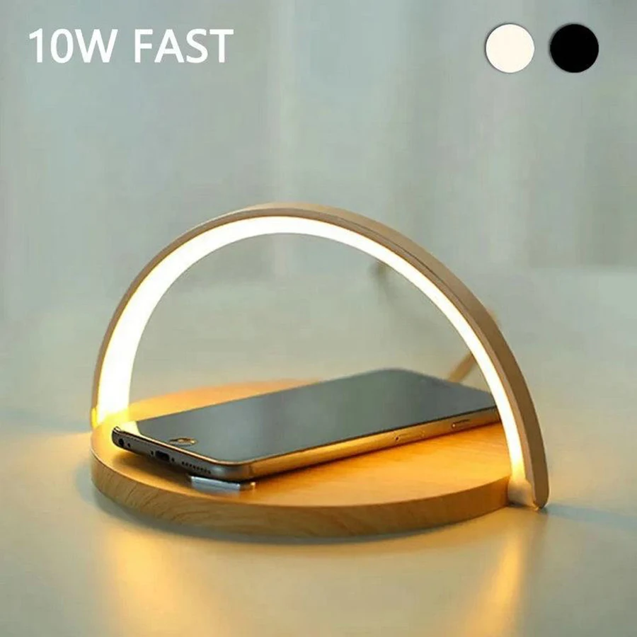 Hot Sell 3 In 1 Wood 10W Wireless Charger Stand Multifunctional Table LED Night Light USB Adjustable Phone Holder With LED Lamp