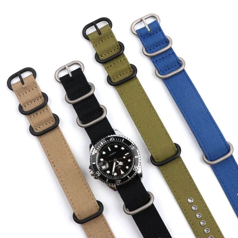 High Quality Coin Holes One Piece Fabric Sailcloth Watchbands Nylon Watch Strap Vintage 20mm Canvas Band for Quartz