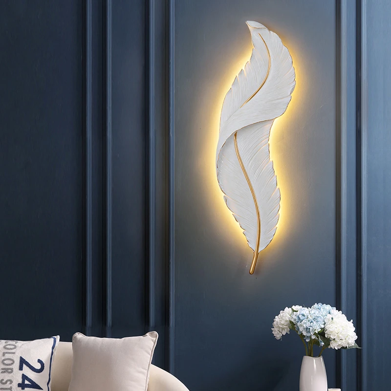 Modern Fashion White Feather Wall Lamp Led Lighting Resin Light Sconce For Living Room And
