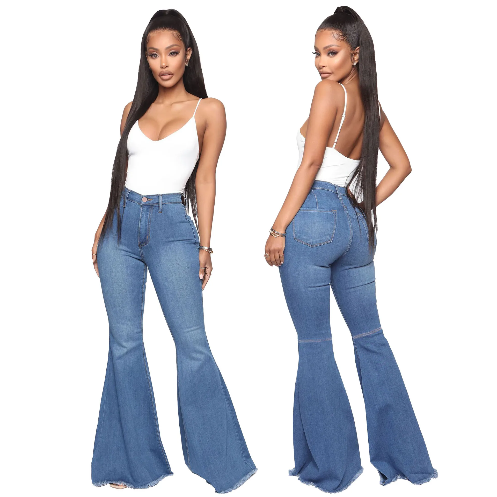 High Waist Slim Fit Stretch Plus Size Stacked Denim Flared Bell Bottom Jeans Pants Women flared boot cut jeans for women