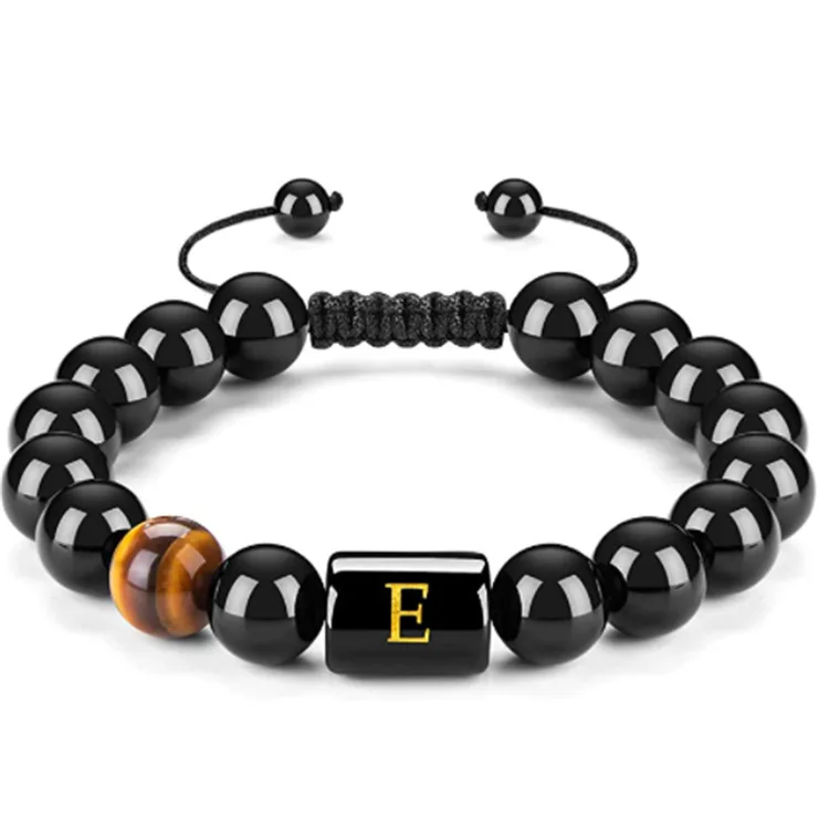 Fashion 26 Letters Tiger Eye Black Onyx Stones Beads Bracelet for Women Men