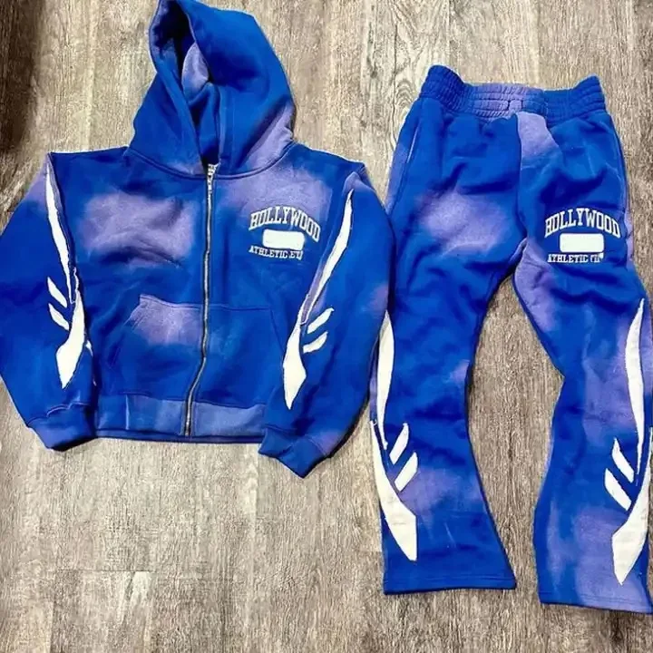 Custom Wholesale Pickling Zipper Applique Embroidered Patch Flared Stacked Pants And Hooded Pullover Tracksuit