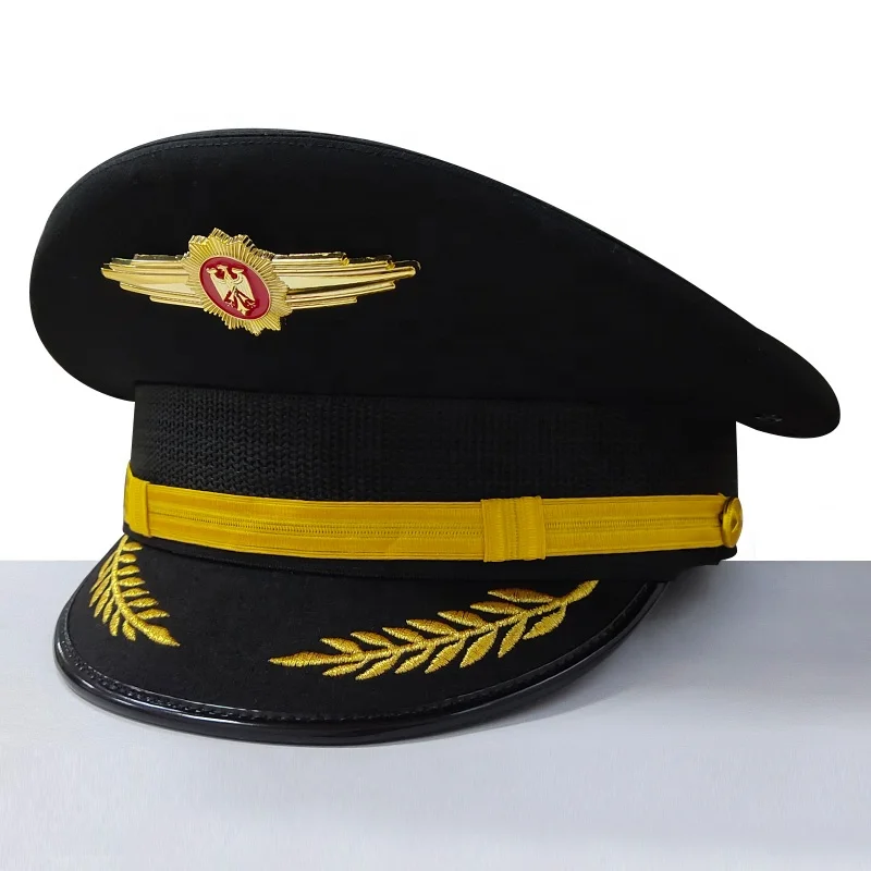 Custom Detachable Black Officer Uniform Dress Security Hat Commander Peaked Cap