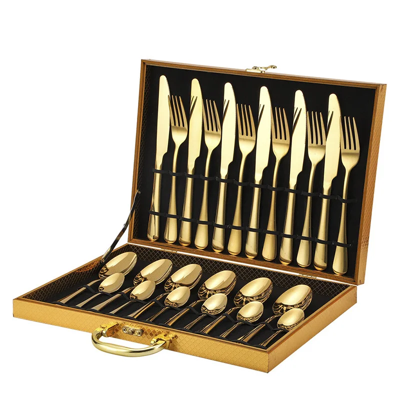 Stainless Steel Gold Tableware 24 Piece Party Silver Flatware Set with Wooden Box